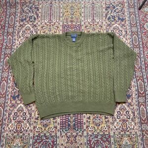 VTG 90s Cambridge Classics XL Olive Green Cable Knit Cotton Crewneck Sweater